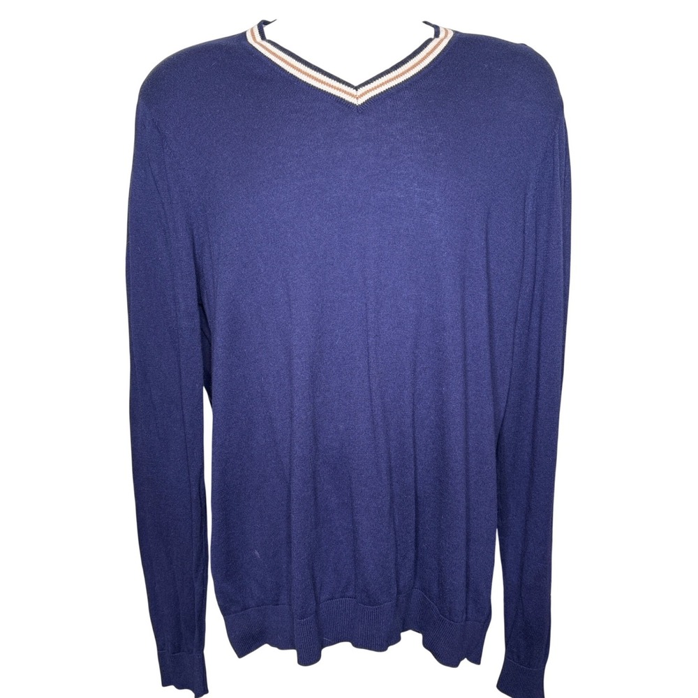J.McLaughlin Mens Navy Blue V-Neck Sweater Sz XL Preppy Striped Trim Lightweight